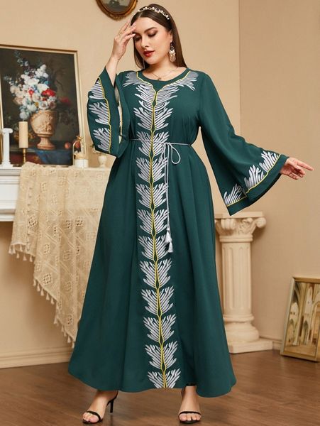 

plus embroidery flounce sleeve tassel belted dress 64vs#, Black