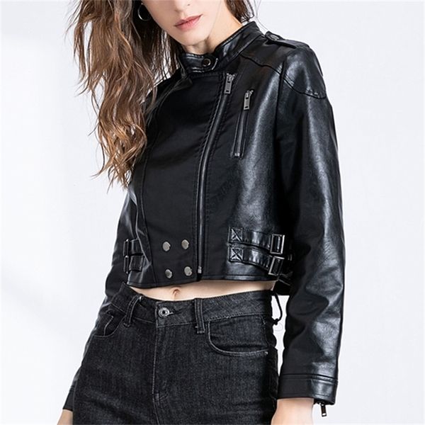 Ailegogo Spring Autumn Women Women Short PU Caturiche Streetwear Motão Motor de moto feminino Sexy damas magras Black Rivet Zipper Outerwear 220815