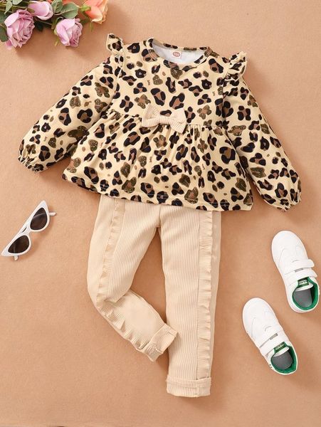 

toddler girls leopard bow front & frill trim pants she, White
