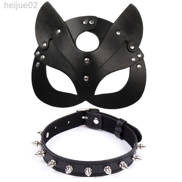 Porno Fetish Head Mask Whip Bdsm Bondage Poggiatesta Pu Leather Cat Halloween Mask Role Playing Sex Toy Per uomini Donne Giochi Cosplay L220808