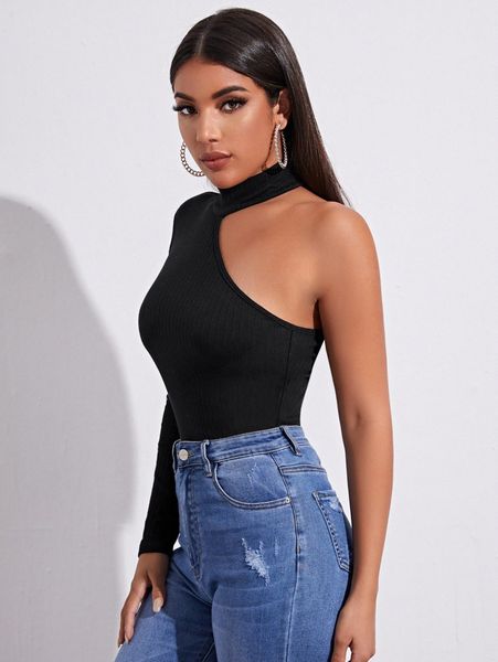 

asymmetrical neck rib-knit tee f755#, White