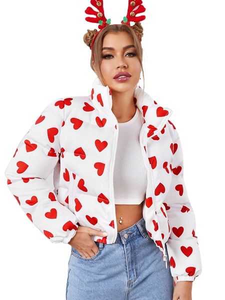 

heart print slant pockets puffer coat v28p#, Black