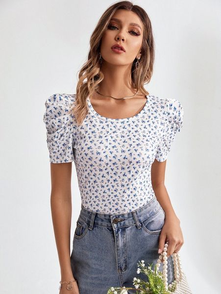 

ditsy floral puff sleeve scoop neck tee a2nk#, White