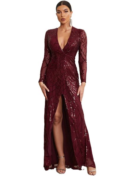 

split thigh sequin formal dress k4r4#, Black;gray