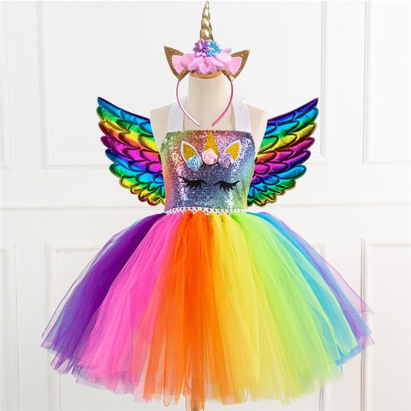 

unicorn cosplay for girls rainbow long dress up mesh tutu skirt princess halloween costume for kids carnival party, Blue