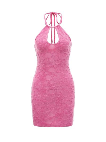 

polka dot embossed cut out tie backless halter bodycon dress l5x5#, Black;gray