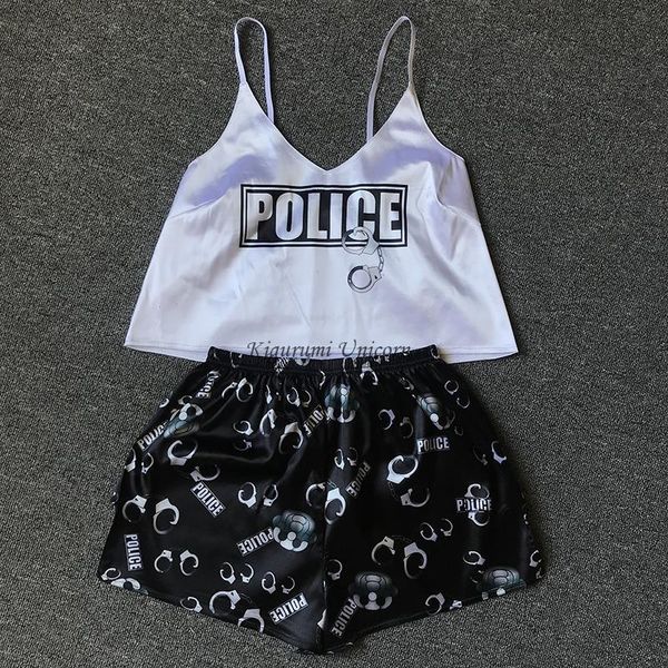 

police print sleepwears pajama sets pattern women pajamas strap sleeveless sleepwear set female summer night wear home suit, Black;red