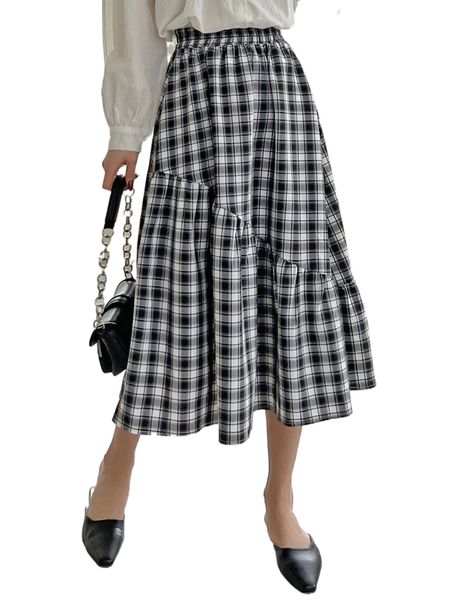 

dazy plaid print ruffle hem skirt m6kk#, Black