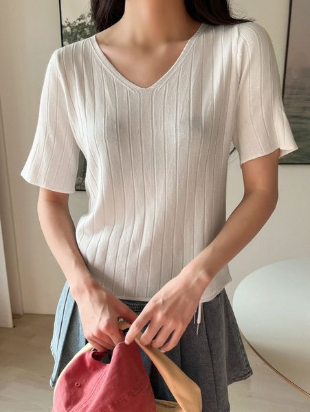 

dazy solid rib knit v neck tee i4xy#, White