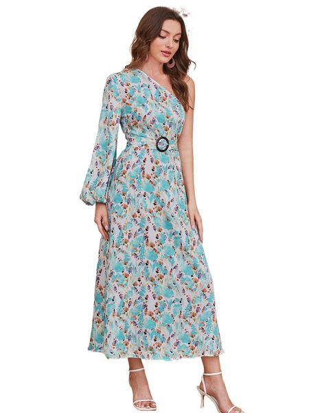 

1pc floral print one shoulder lantern sleeve belted dress 55bs#, Black;gray