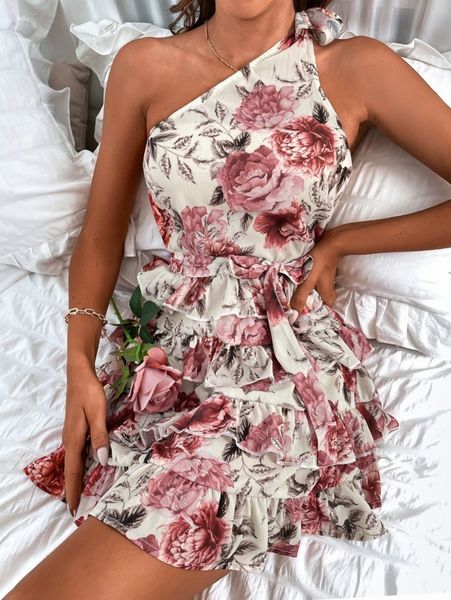 

one shoulder knot strap layered ruffle hem floral print dress v7iu#, Black;gray