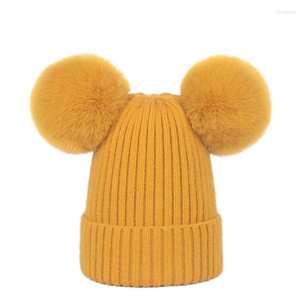 Gorro/crânio tampas femininas gorro de inverno malha knit avelvet cor núcleo de lã de lã de lã dupla pom listras verticais pura malha de malha de crânio oliv2