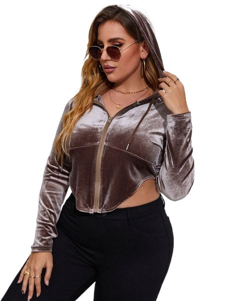 

plus drawstring hooded asymmetrical hem crop velvet jacket 78cj#, Black