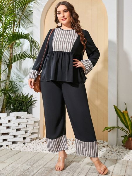 

plus striped flounce sleeve pom pom peplum & wide leg pants z7iu#, Black