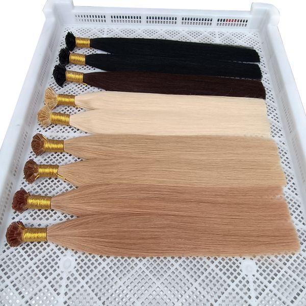 Gerade Haarverlängerungen mit flacher Spitze, Keratin-Kapseln, echtes menschliches Remy, natürliche Fusion-Erweiterungen, 100 Stränge, 14, 16, 18, 20, 22, 24, 26, Schwarz, Braun, Blond