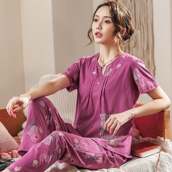 

100 cotton pajamas womens short-sleeved sleepwear loose pyjamas summer home wear, Black;red