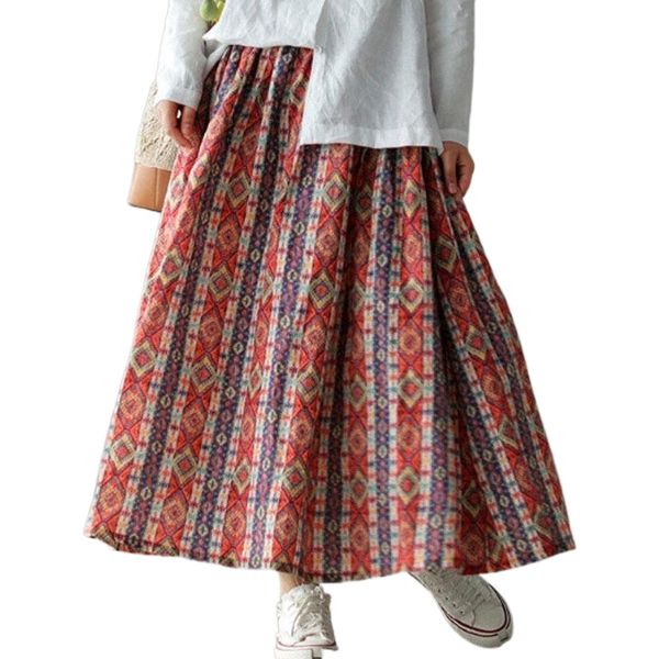 

johnature spring women leisure fashion floral print elastic waist all-match skirt 2022 loose comfortable plus size skirts o9zy#, Black