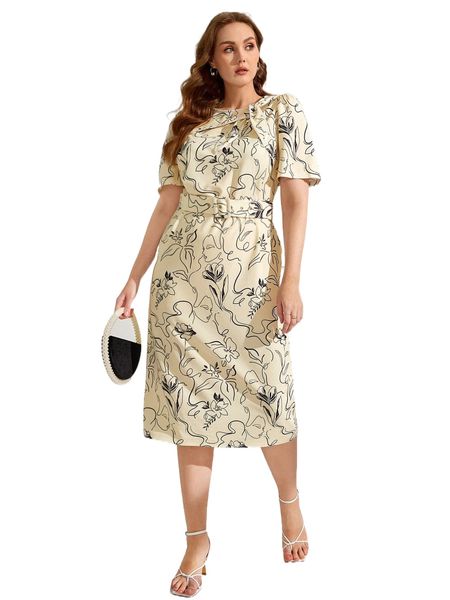 

plus figure & floral print knot front puff sleeve belted dress 70c9#, Black