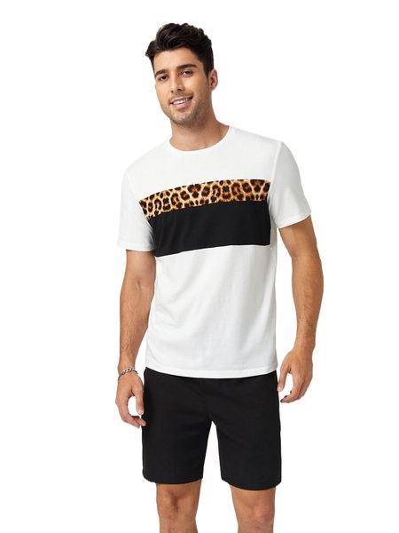 

men leopard & colorblock print tee & shorts p9dr#, Gray