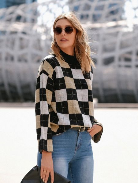 

plaid pattern mock neck drop shoulder sweater i3de#, White;black