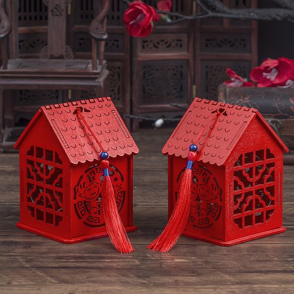 Moda chinesa vermelha clássica case de açúcar criativo design de madeira chinesa dupla felicidade casamentos caixas caixas de doces