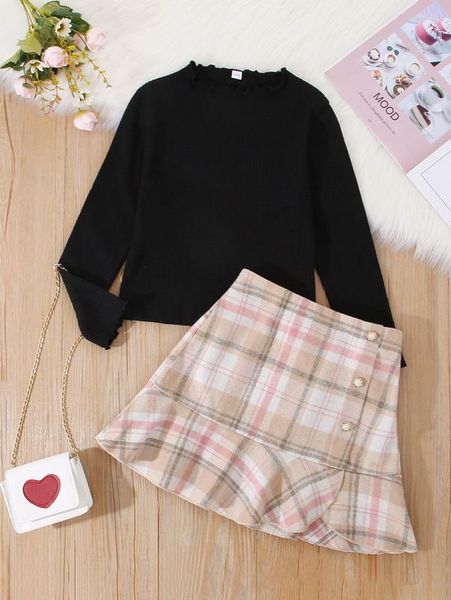 

girls lettuce trim tee & plaid ruffle hem skirt she, White