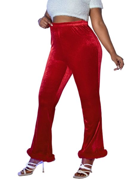 

plus fuzzy hem velvet flare leg pants 52np#, Black