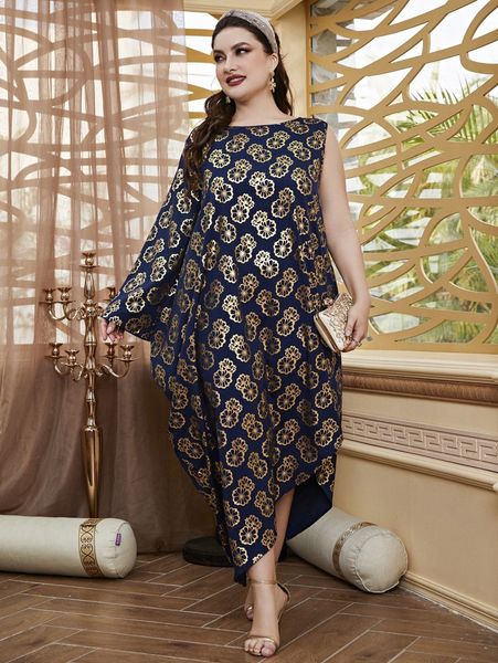 

plus allover floral print single sleeve asymmetrical hem dress n83q#, Black