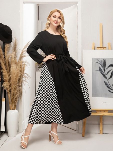

plus contrast checkered print belted dress s068#, Black