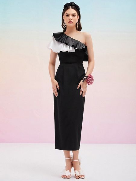 

contrast panel one shoulder ruffle trim dress y933#, Black;gray