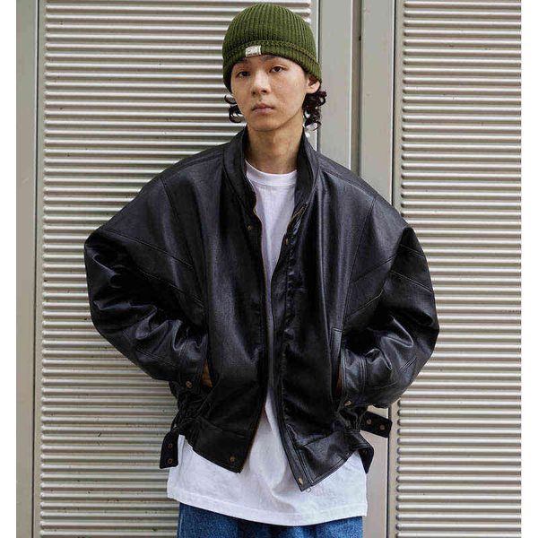 

men vintage fashion streetwear hip hop loose short style motorcycle leather jacket overcoat male women coat outerwear t220728, Black