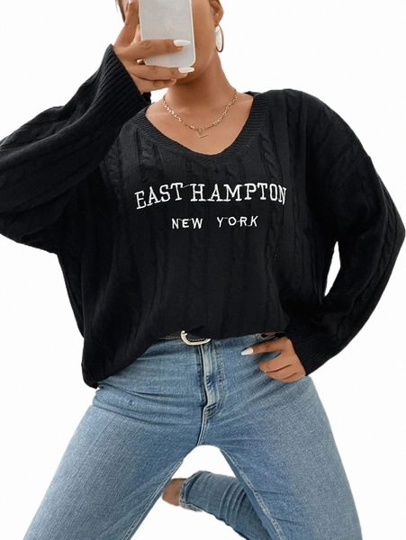 

plus letter embroidery cable knit drop shoulder sweater u0p7#, Black