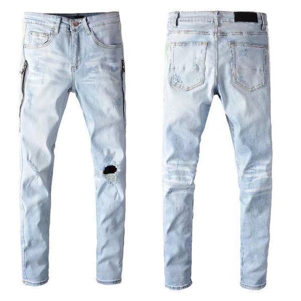 

jeans men designer pants for middle waist long off cotton slim feet high street denim side zipperlight blue embroidery hole size 40 store sh