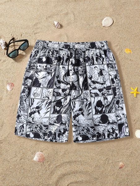

men random comic print drawstring waist shorts t5dk#, White;black