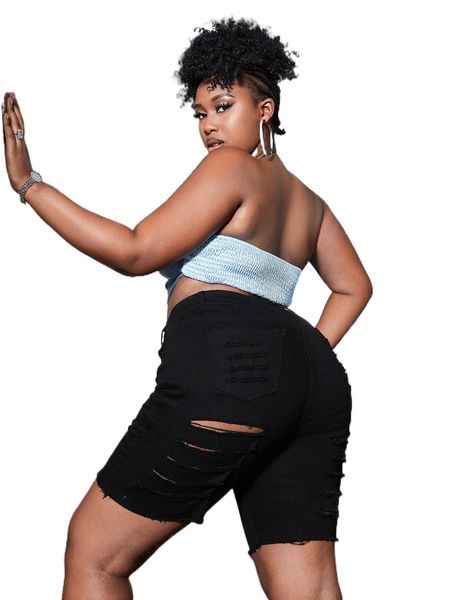 

plus ripped raw hem denim shorts p33l#, White;black