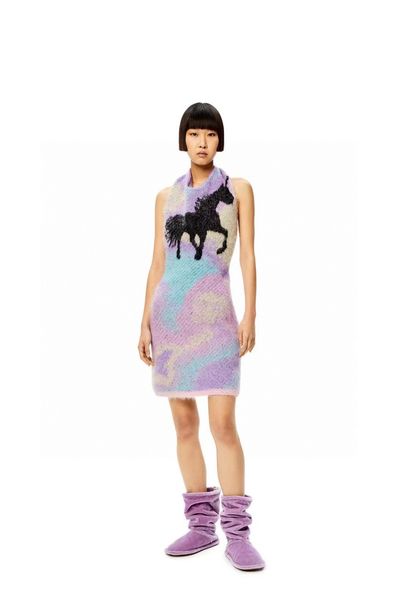 

european fashion brand dress autumn and winter new color mohair knitted hanging neck dress, Black;gray