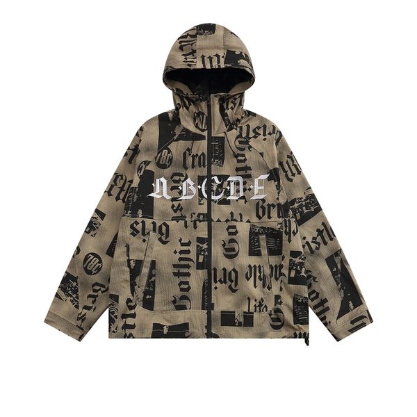 

full letter print graffiti zipper hooded men's plus size outerwear & coats autumn winter clothes, Black;brown