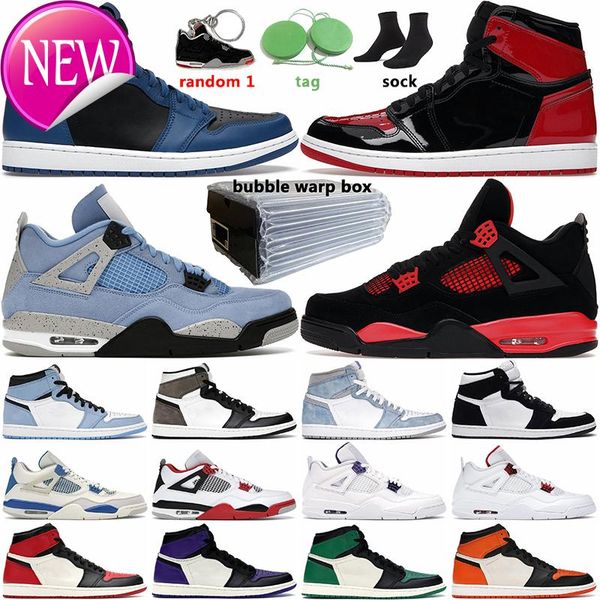 

og box basketball shoes dark marina blue 1s patent bred men women 4s university blue sail red thunder white oreo sports mens trainer i, Black