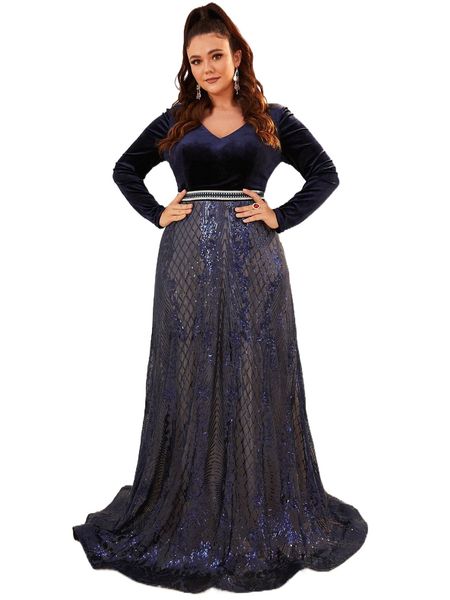 

plus contrast tape waist sequins prom dress q5as#, Black