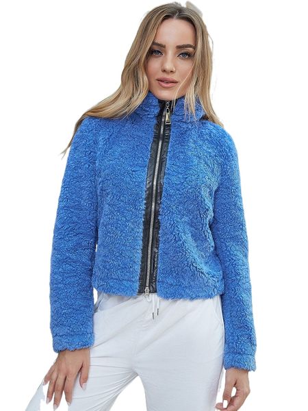 

ziai contrast trim zip up teddy jacket j8h2#, Black;brown