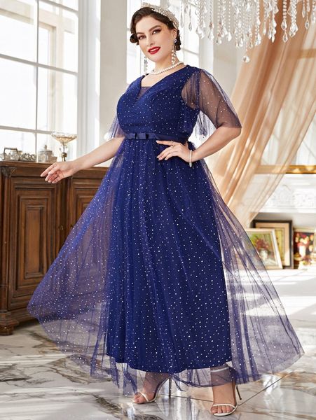 

plus flutter sleeve dobby mesh maxi dress q0ii#, Black