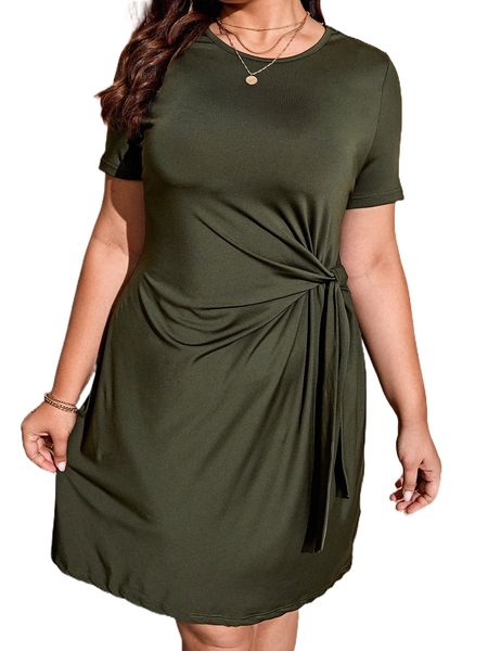 

plus solid knot side tee dress s25a#, Black