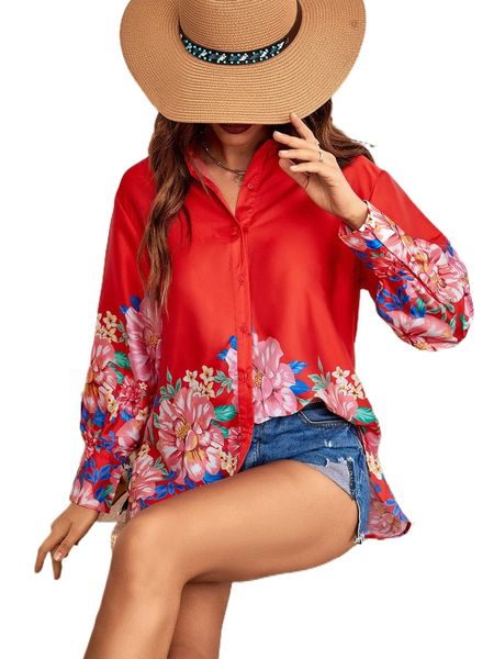 

floral print button up blouse z0jz#, White
