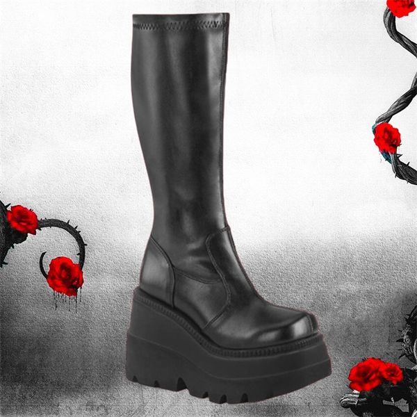 

big size 43 gothic style black wedges high heels platform trendy cool autumn winter motorcycles boots shoes women footwear 220813