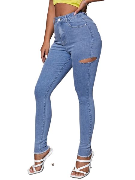 

ripped detail raw hem skinny jeans u8ff#, Blue