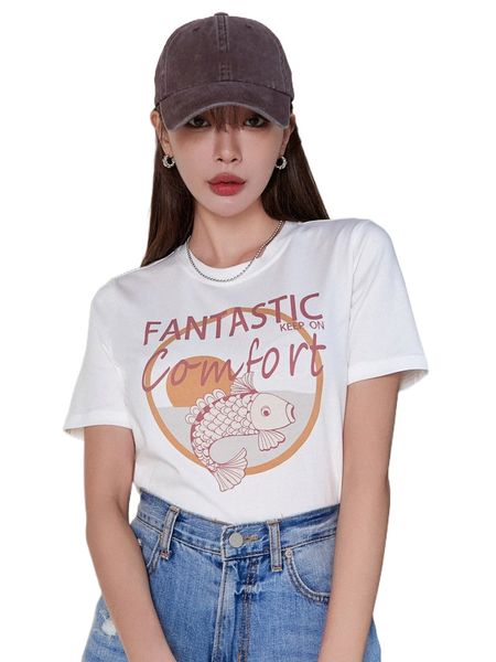 

dazy fish & slogan graphic tee h91l#, White