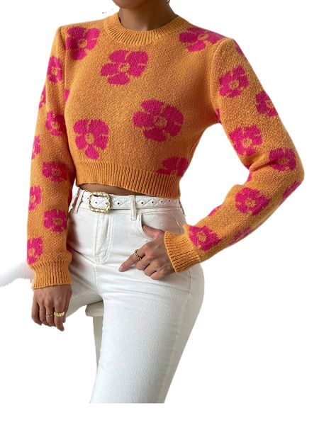 

floral pattern crop sweater i05k#, White;black