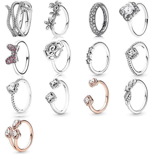 

new 2019 100% 925 sterling silver sparkling angel wings square sparkle open pandora wedding ring for fashion original women gift j262d