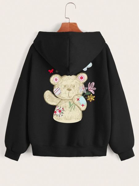 

cartoon graphic thermal lined zip up hooded sweatshirt 66u9#, Black