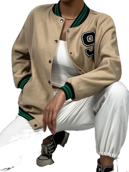 

letter patched striped trim drop shoulder bomber jacket 460f#, Black;brown
